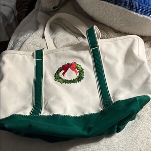 Lands' End Green and White Canvas Tote Bag with Embroidered Wreath